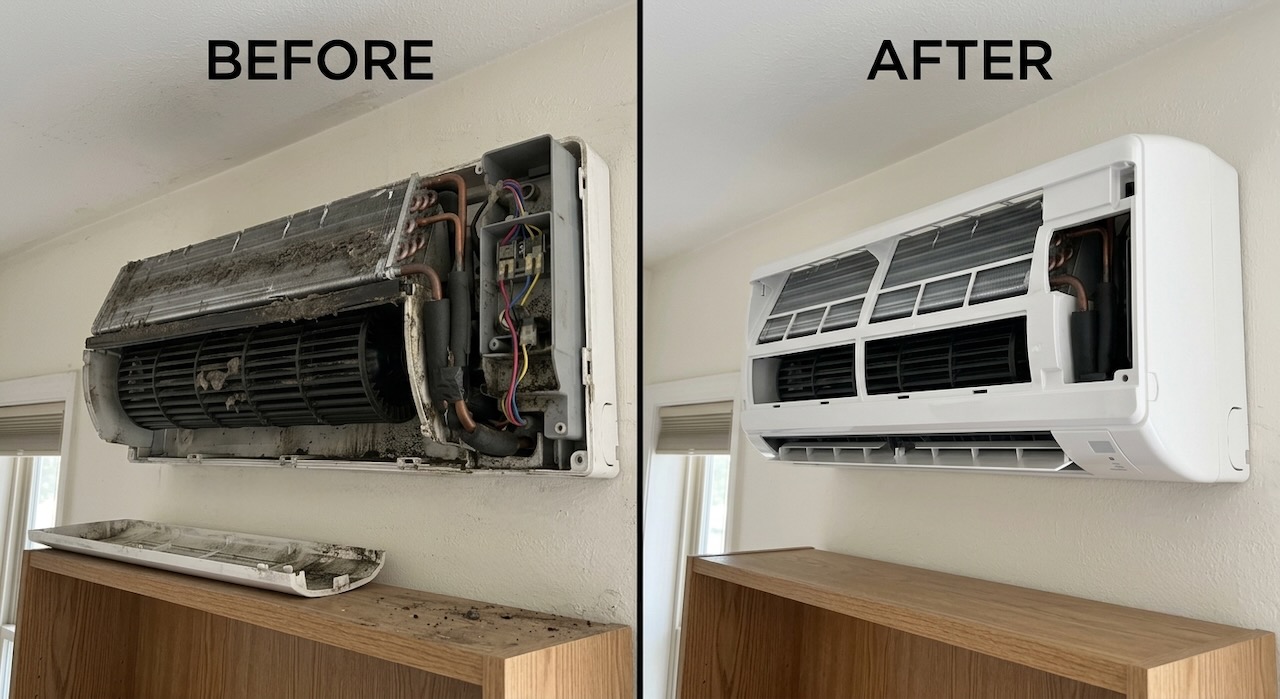 Before and after comparison: a mini-split with its cover open showing a blower wheel caked in dust and mold, next to the same style of unit looking spotless after a deep cleaning