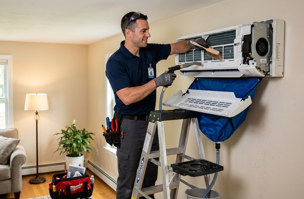 A smiling technician on a ladder deep cleaning an open wall-mounted mini-split unit, with a blue cleaning bag catching the runoff